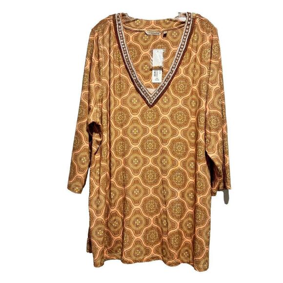 Soft Surroundings Lillia Beaded V Neck Tunic Top 2X 3/4 Sleeves Medallion Print - Picture 3 of 12
